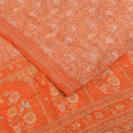 Sanskriti Vintage Sarees Orange Pure Crepe Silk Printed Sari 5+yd Craft Fabric