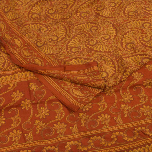 Sanskriti Vintage Sarees Orange Pure Crepe Silk Printed Sari 5+yd Craft Fabric