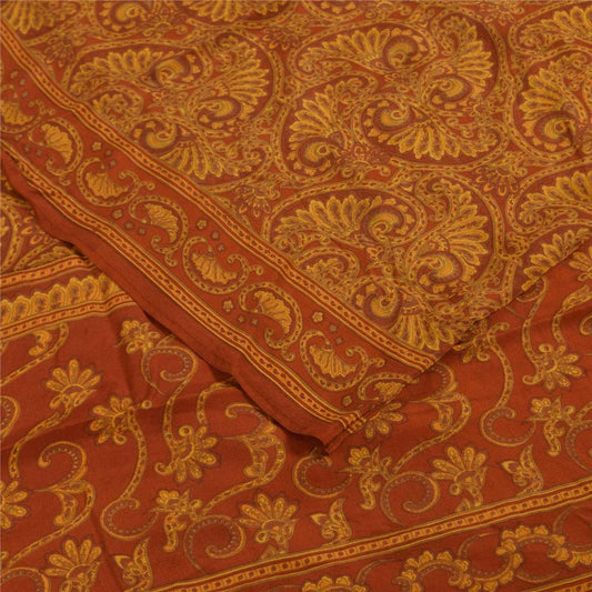 Sanskriti Vintage Sarees Orange Pure Crepe Silk Printed Sari 5+yd Craft Fabric