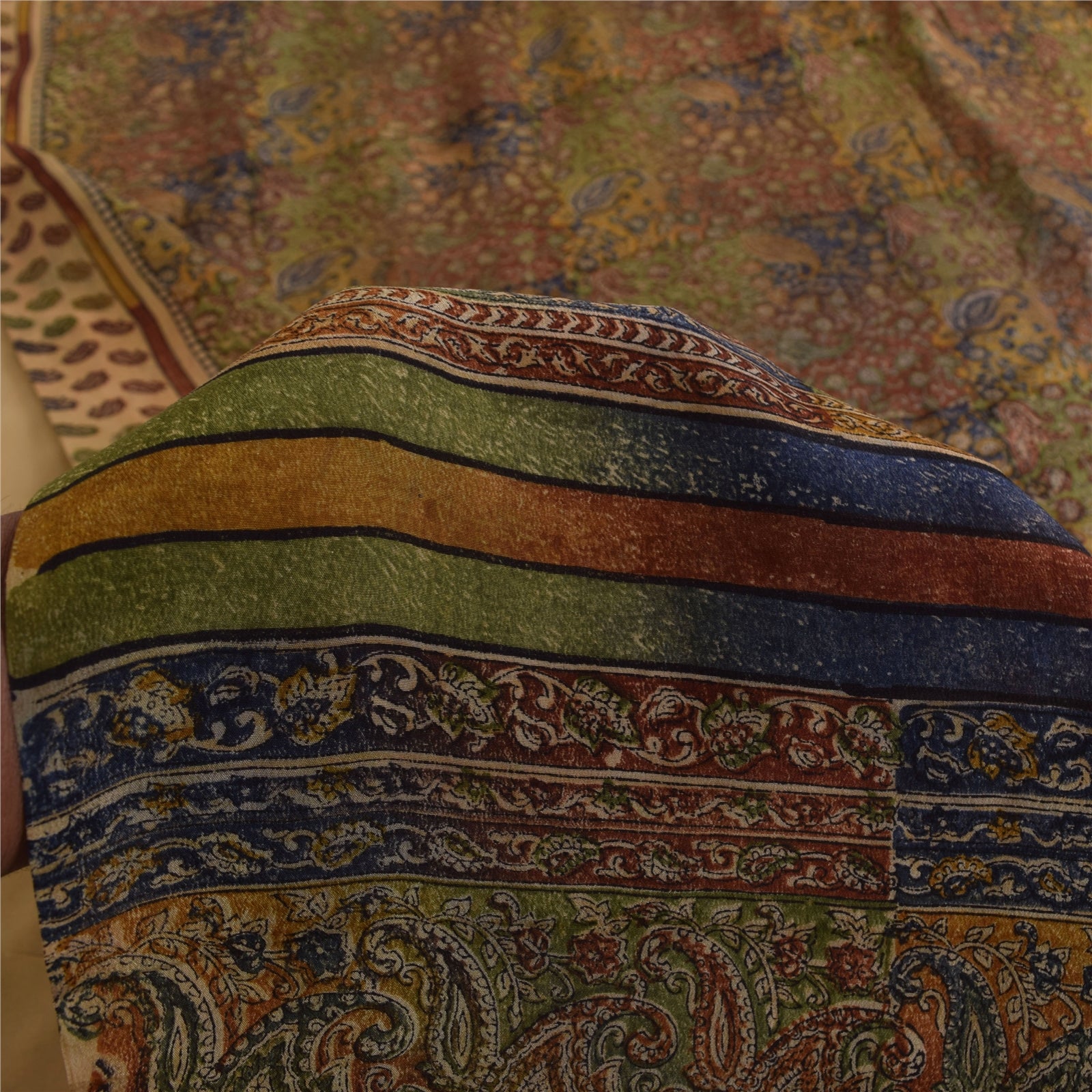 Sanskriti Vintage Sarees Pure Crepe Silk Hand Block Printed Sari 5+yd Fabric