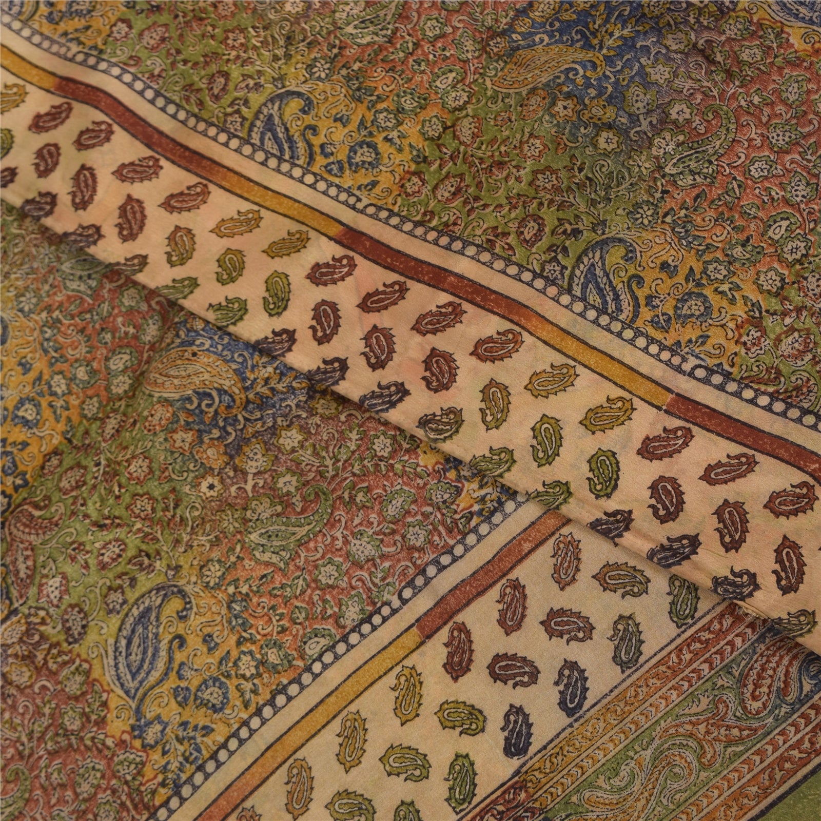 Sanskriti Vintage Sarees Pure Crepe Silk Hand Block Printed Sari 5+yd Fabric