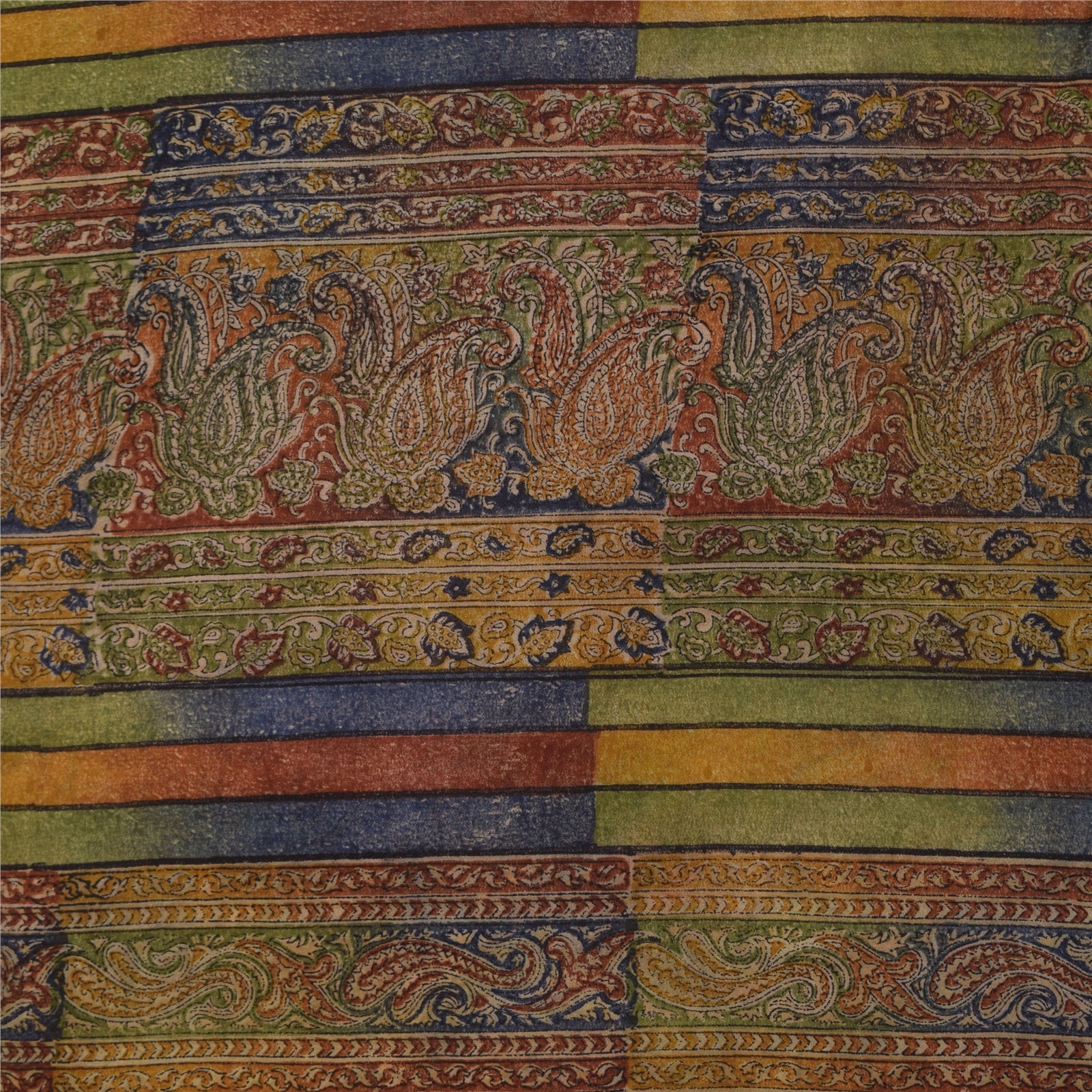 Sanskriti Vintage Sarees Pure Crepe Silk Hand Block Printed Sari 5+yd Fabric