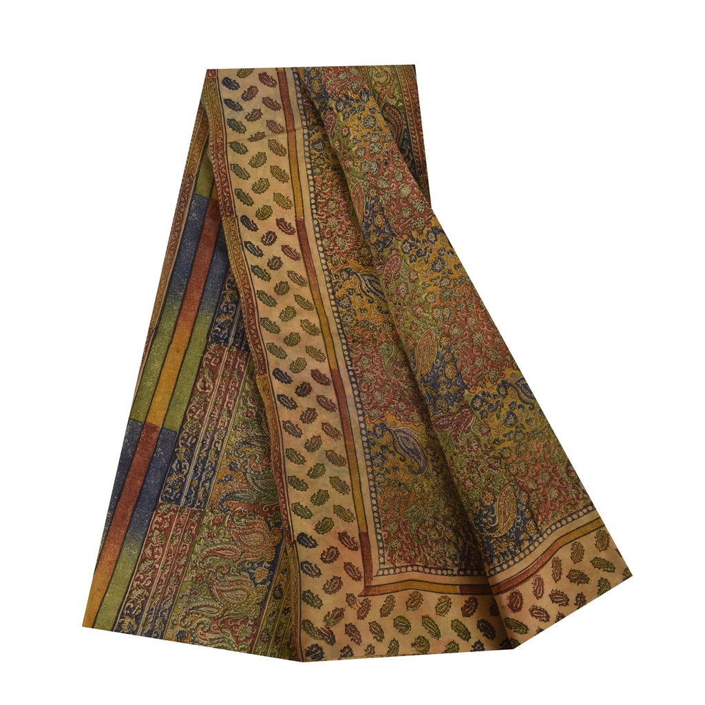 Sanskriti Vintage Sarees Pure Crepe Silk Hand Block Printed Sari 5+yd Fabric