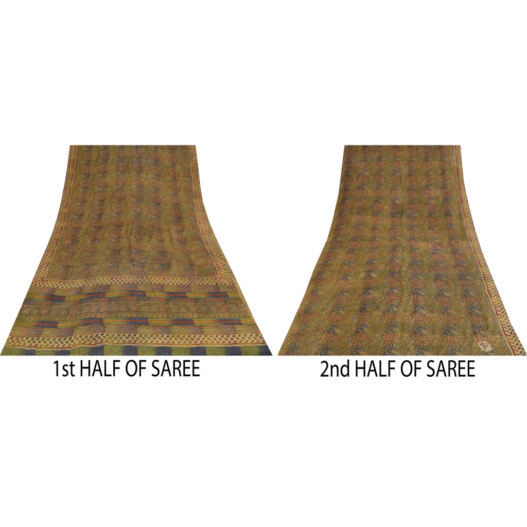 Sanskriti Vintage Sarees Pure Crepe Silk Hand Block Printed Sari 5+yd Fabric