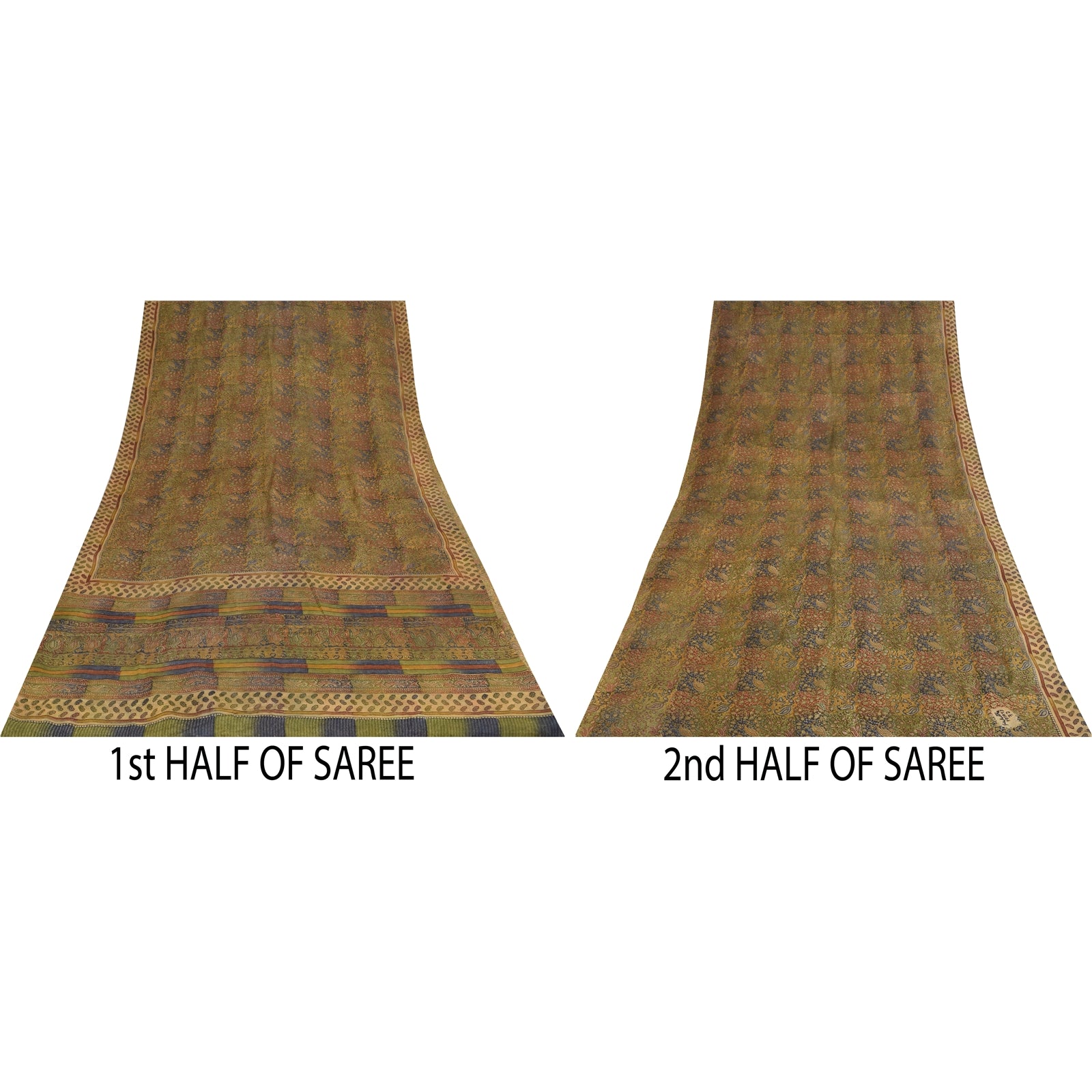 Sanskriti Vintage Sarees Pure Crepe Silk Hand Block Printed Sari 5+yd Fabric