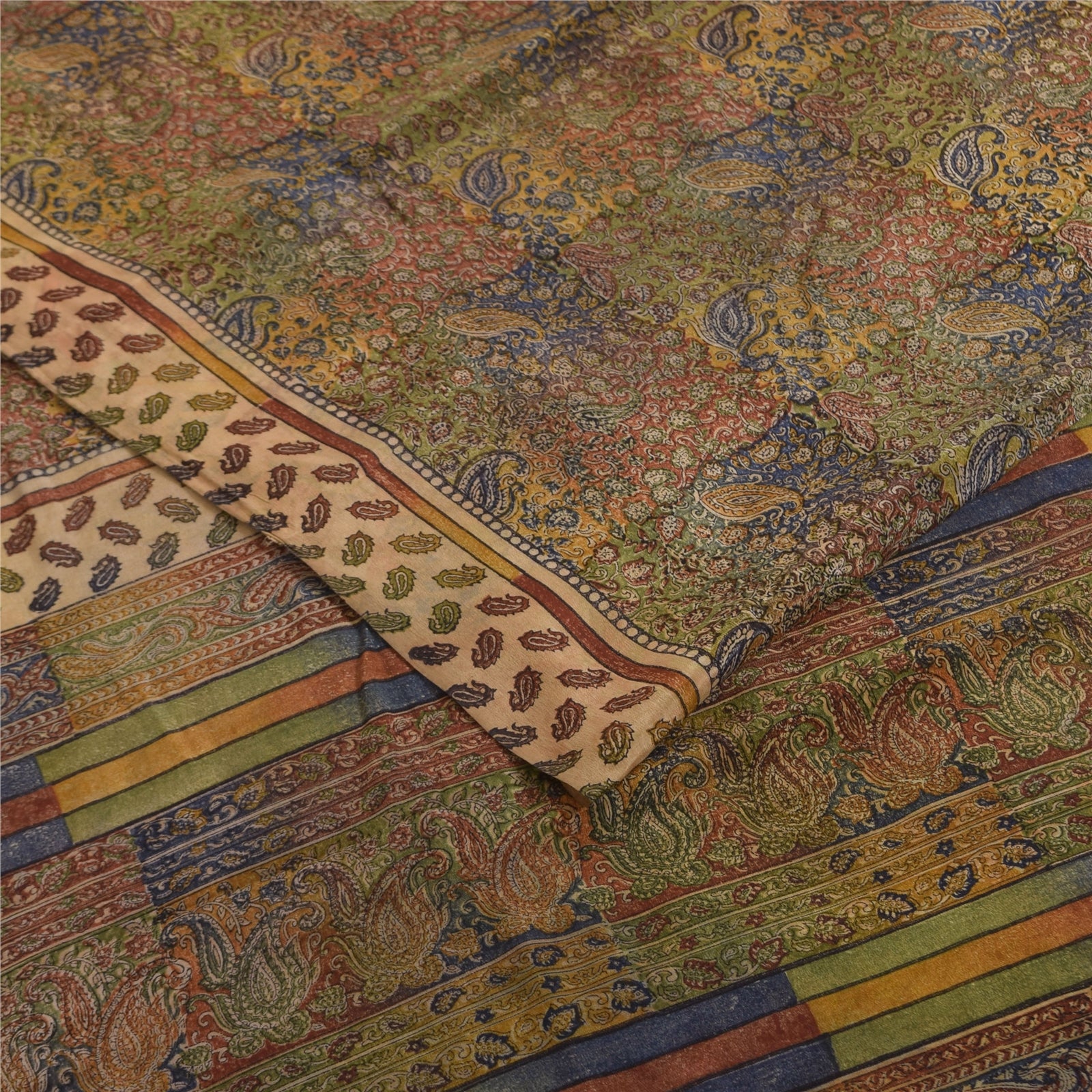 Sanskriti Vintage Sarees Pure Crepe Silk Hand Block Printed Sari 5+yd Fabric