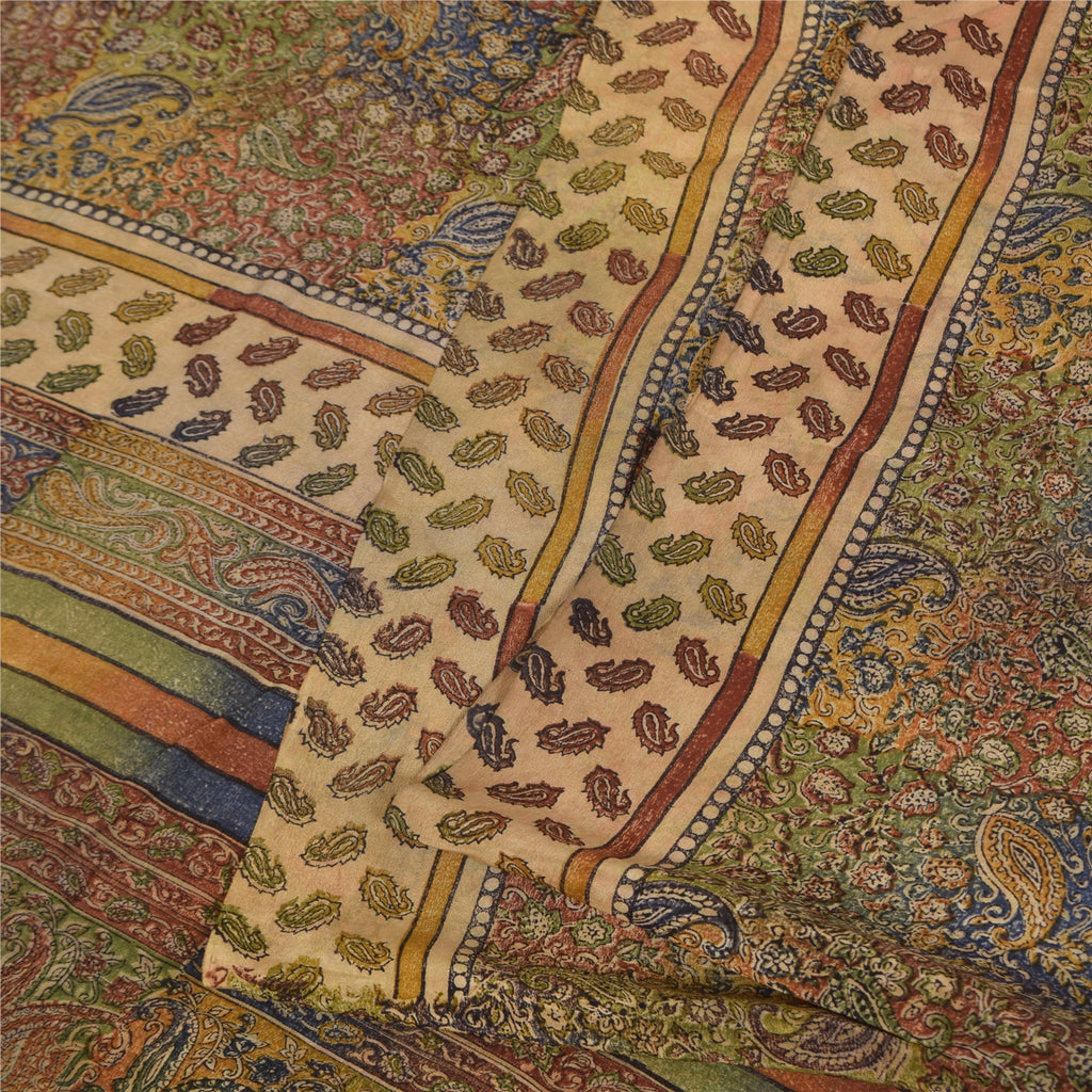 Sanskriti Vintage Sarees Pure Crepe Silk Hand Block Printed Sari 5+yd Fabric