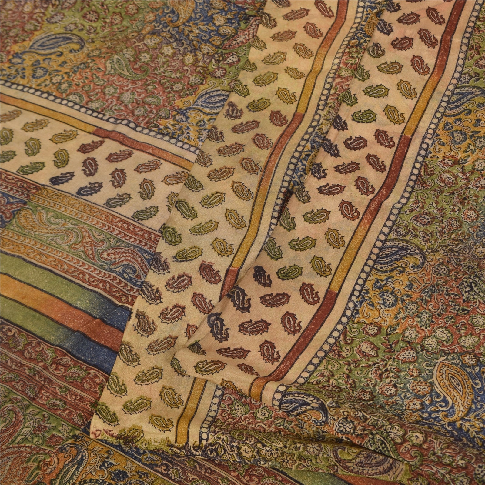 Sanskriti Vintage Sarees Pure Crepe Silk Hand Block Printed Sari 5+yd Fabric