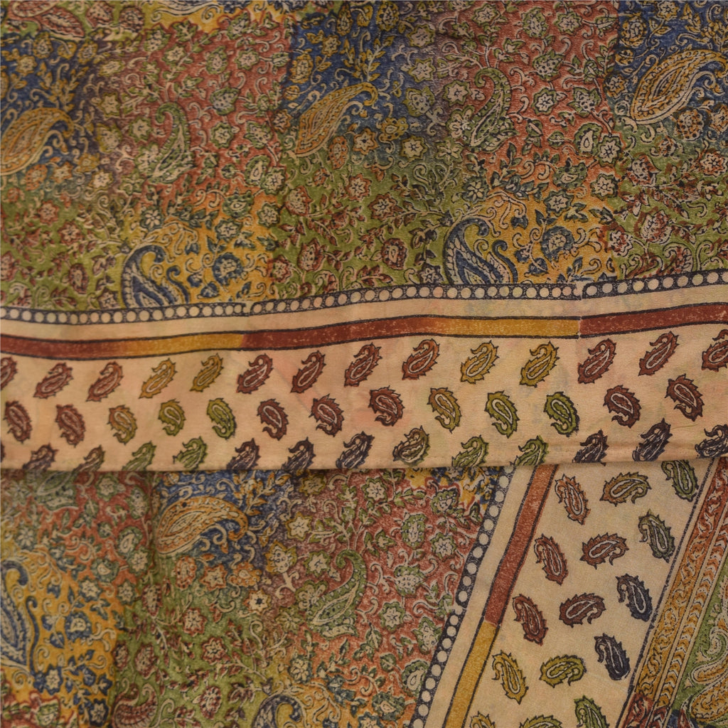 Sanskriti Vintage Sarees Pure Crepe Silk Hand Block Printed Sari 5+yd Fabric