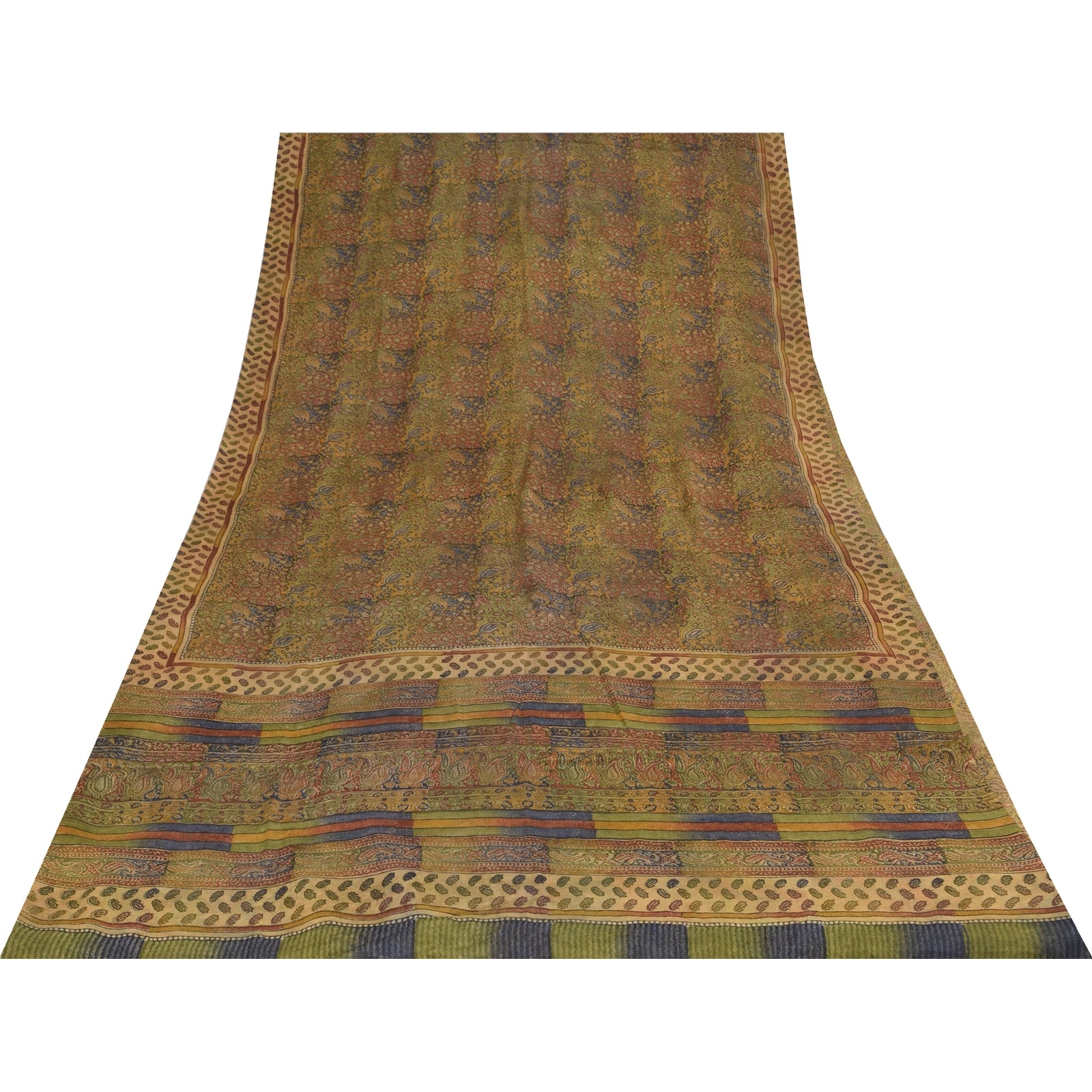 Sanskriti Vintage Sarees Pure Crepe Silk Hand Block Printed Sari 5+yd Fabric