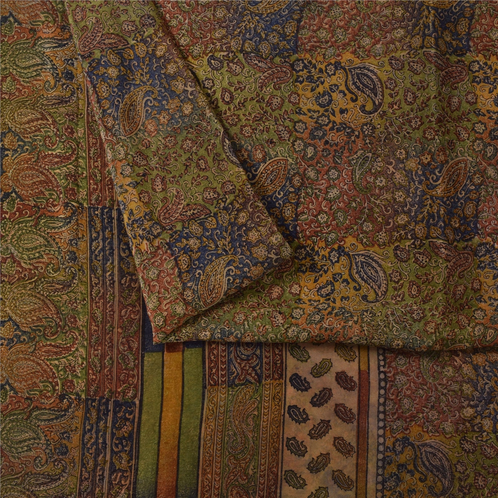 Sanskriti Vintage Sarees Pure Crepe Silk Hand Block Printed Sari 5+yd Fabric