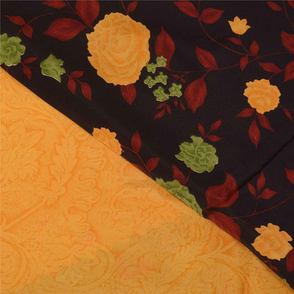 Sanskriti Vintage Sarees Yellow Pure Crepe Silk Printed Sari 5+yd Craft Fabric