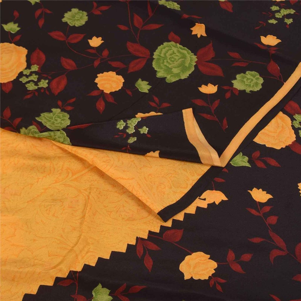 Sanskriti Vintage Sarees Yellow Pure Crepe Silk Printed Sari 5+yd Craft Fabric