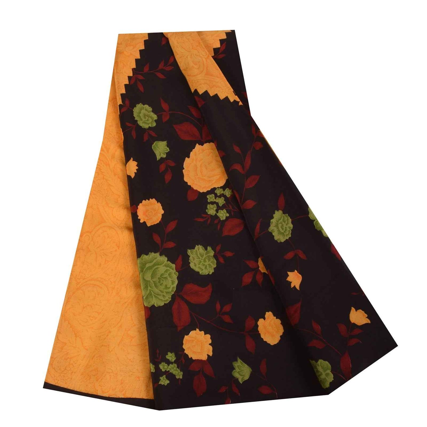 Sanskriti Vintage Sarees Yellow Pure Crepe Silk Printed Sari 5+yd Craft Fabric