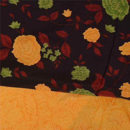 Sanskriti Vintage Sarees Yellow Pure Crepe Silk Printed Sari 5+yd Craft Fabric