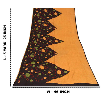 Sanskriti Vintage Sarees Yellow Pure Crepe Silk Printed Sari 5+yd Craft Fabric