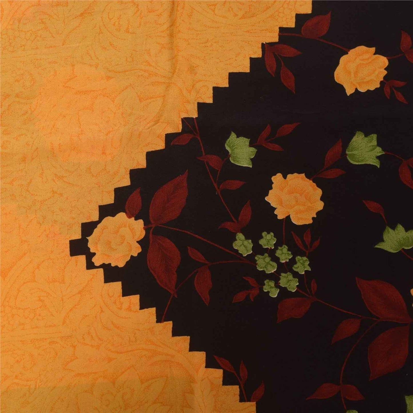 Sanskriti Vintage Sarees Yellow Pure Crepe Silk Printed Sari 5+yd Craft Fabric