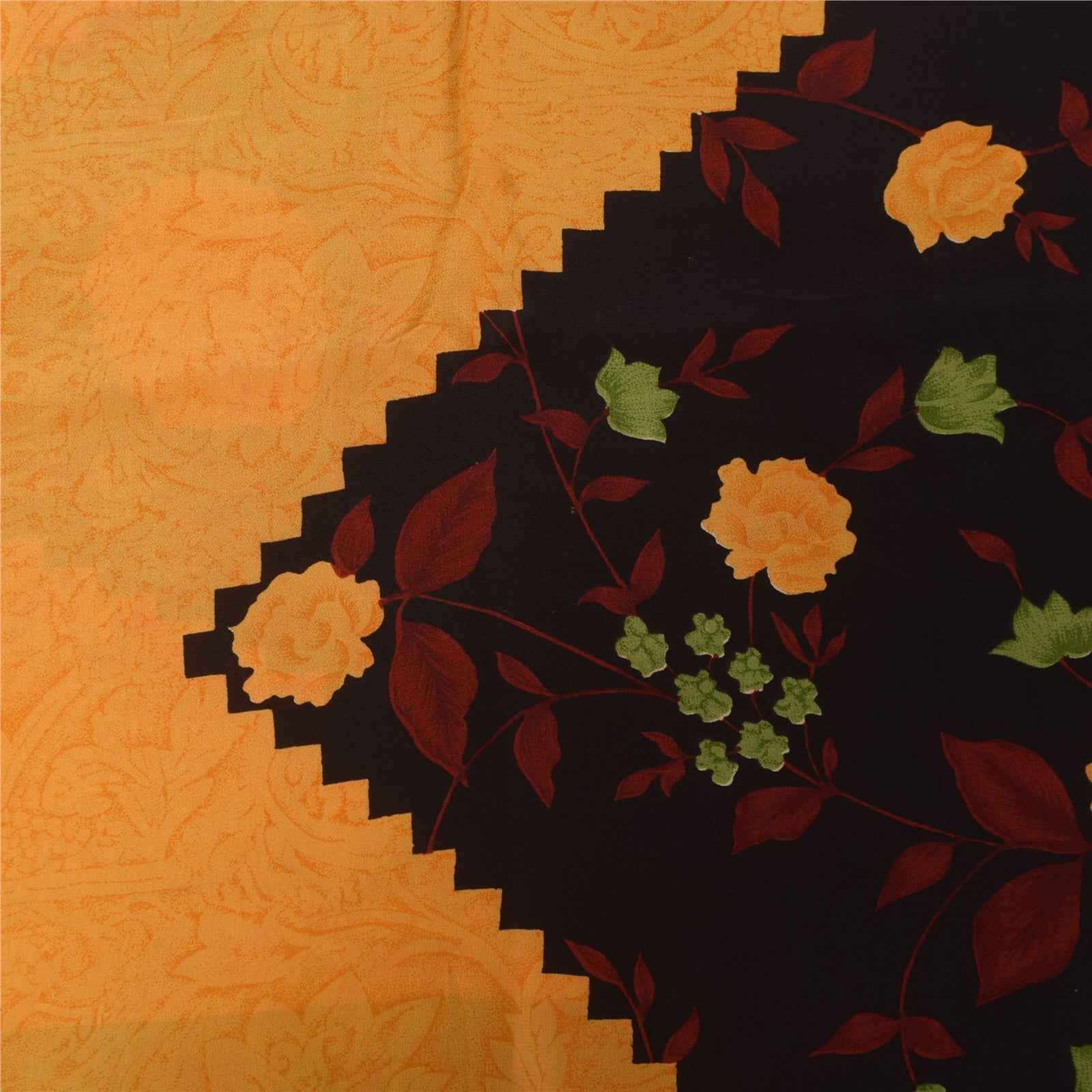 Sanskriti Vintage Sarees Yellow Pure Crepe Silk Printed Sari 5+yd Craft Fabric