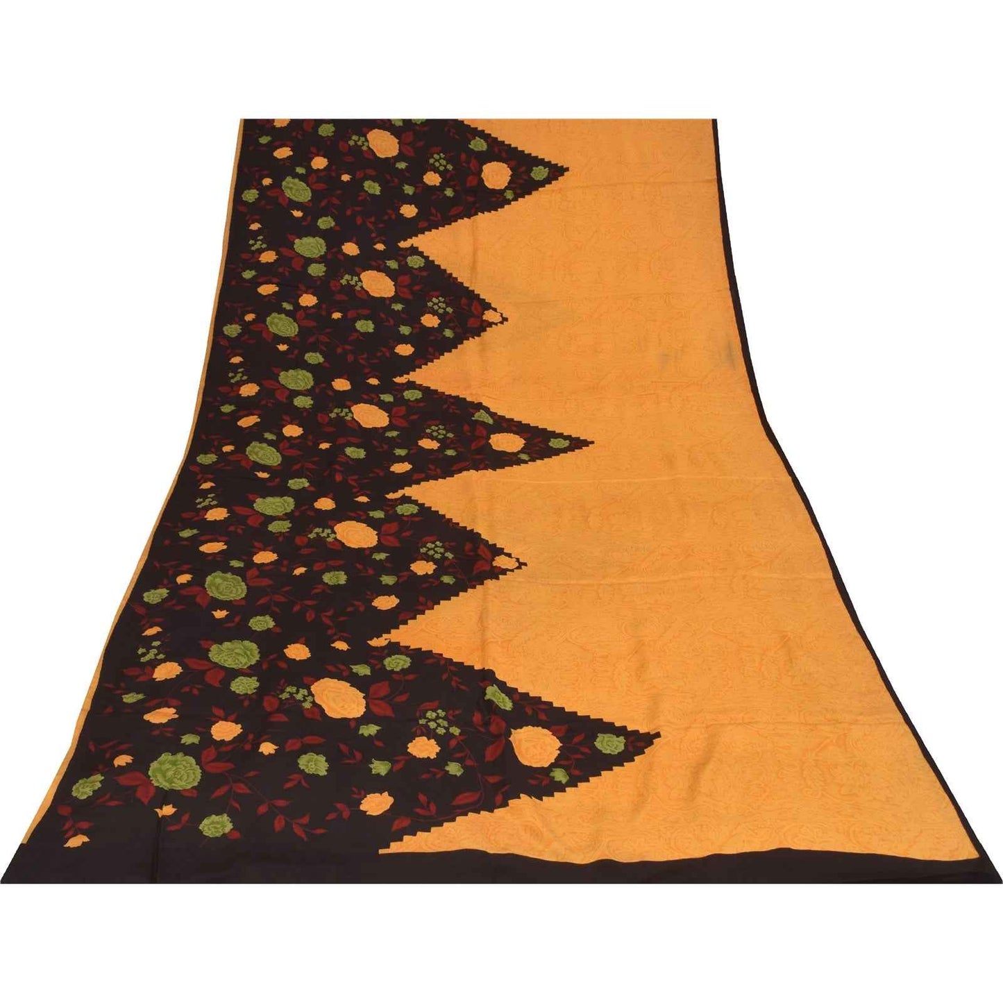 Sanskriti Vintage Sarees Yellow Pure Crepe Silk Printed Sari 5+yd Craft Fabric