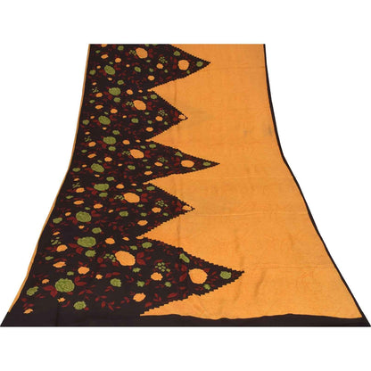 Sanskriti Vintage Sarees Yellow Pure Crepe Silk Printed Sari 5+yd Craft Fabric