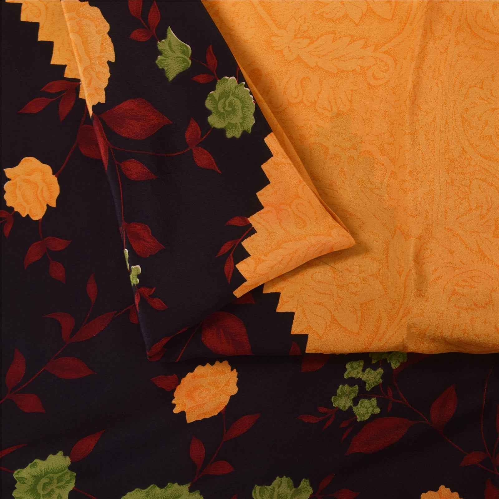 Sanskriti Vintage Sarees Yellow Pure Crepe Silk Printed Sari 5+yd Craft Fabric