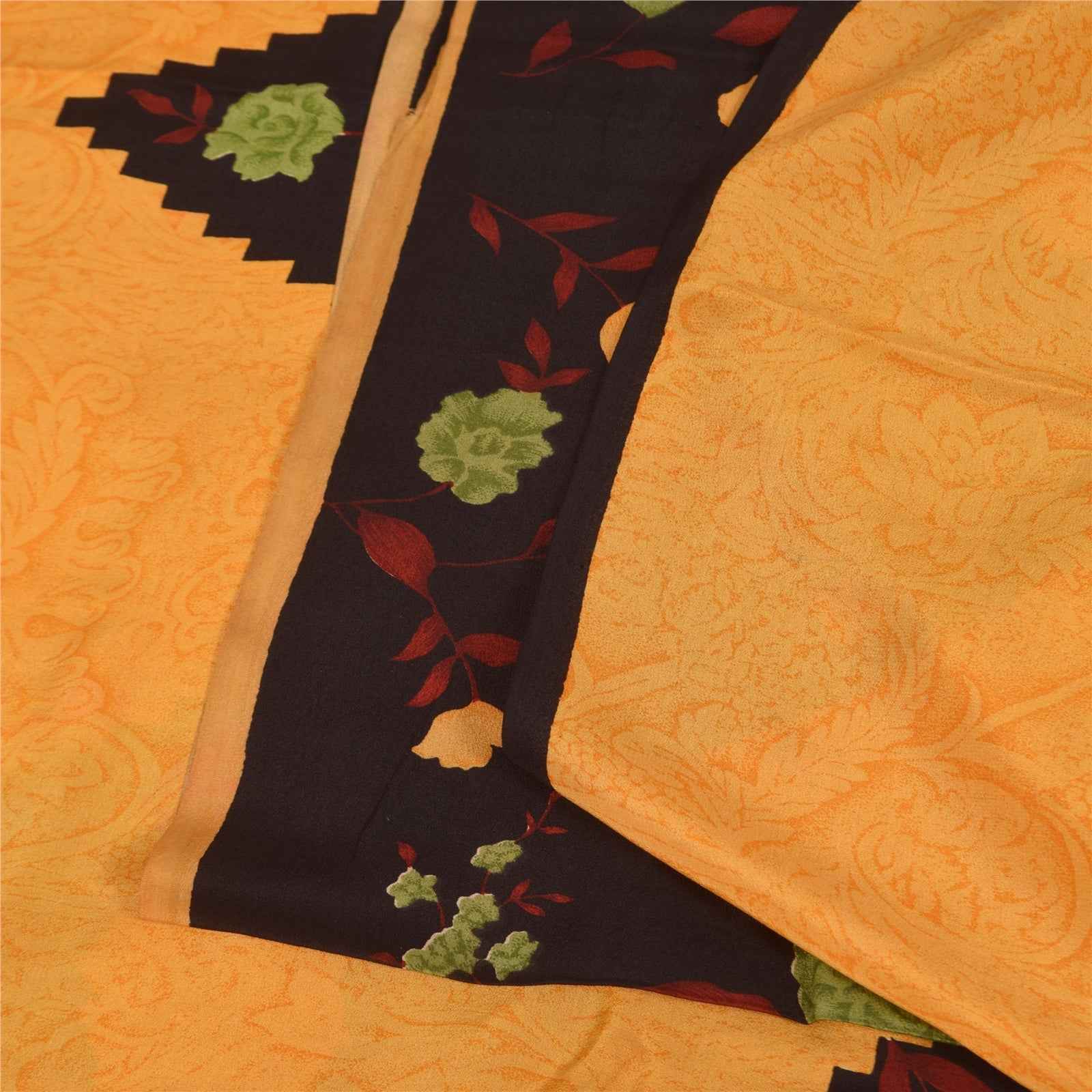 Sanskriti Vintage Sarees Yellow Pure Crepe Silk Printed Sari 5+yd Craft Fabric