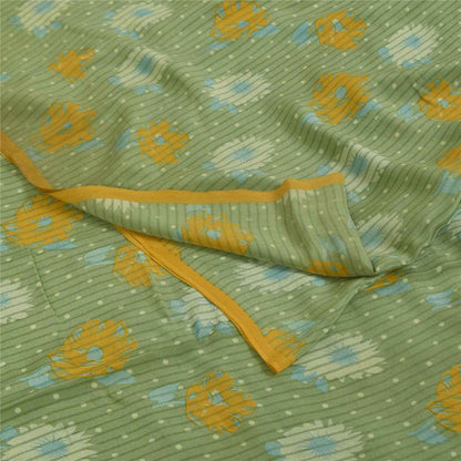 Sanskriti Vintage Sarees Green Pure Crepe Silk Printed Sari 5+yd Craft Fabric