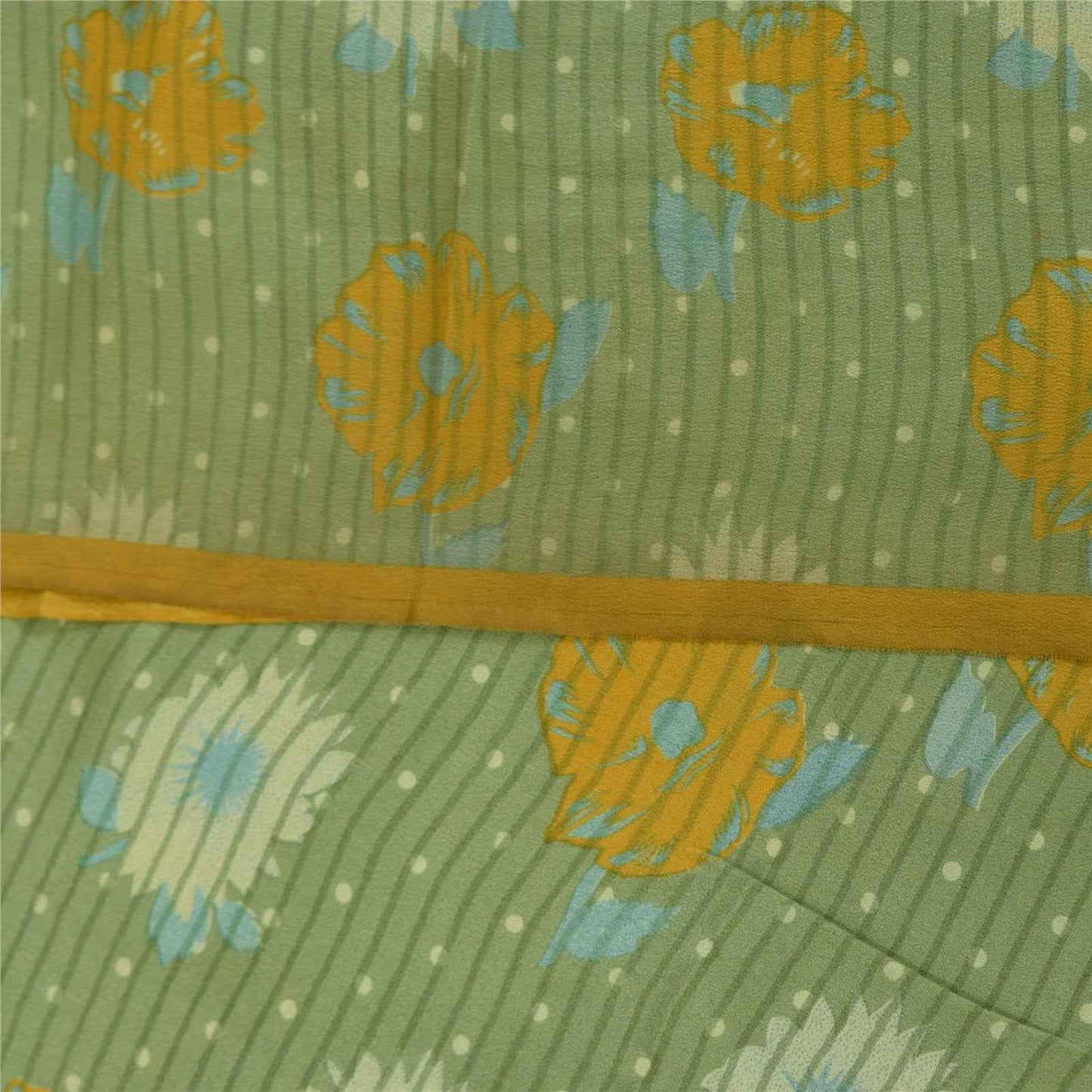 Sanskriti Vintage Sarees Green Pure Crepe Silk Printed Sari 5+yd Craft Fabric