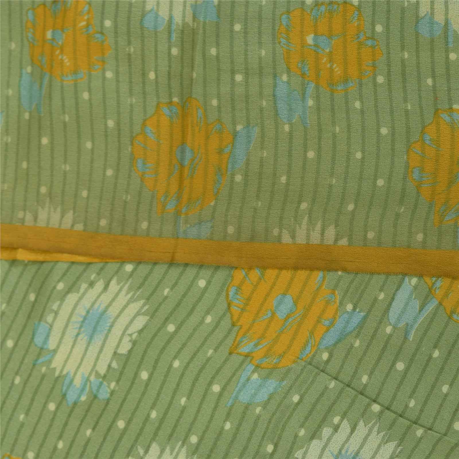 Sanskriti Vintage Sarees Green Pure Crepe Silk Printed Sari 5+yd Craft Fabric