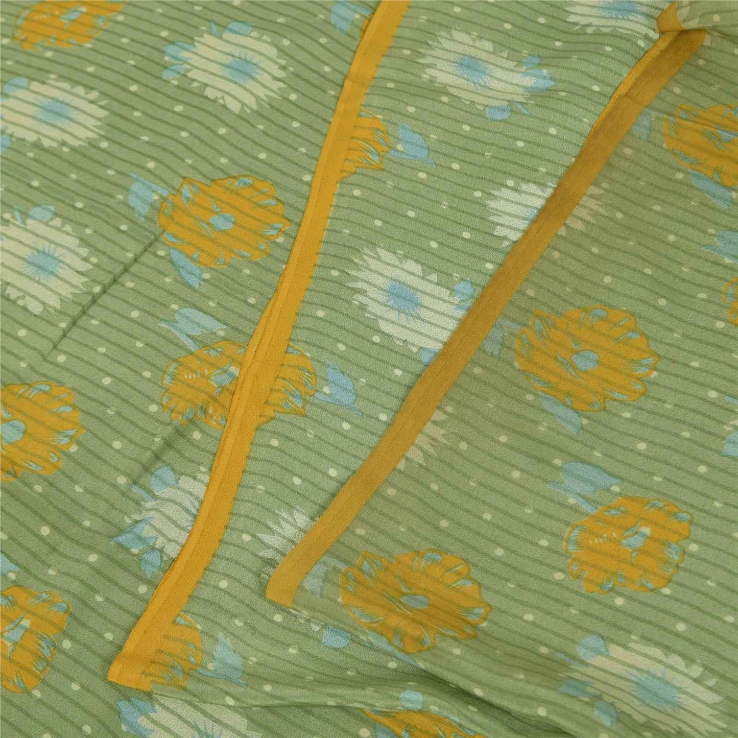 Sanskriti Vintage Sarees Green Pure Crepe Silk Printed Sari 5+yd Craft Fabric