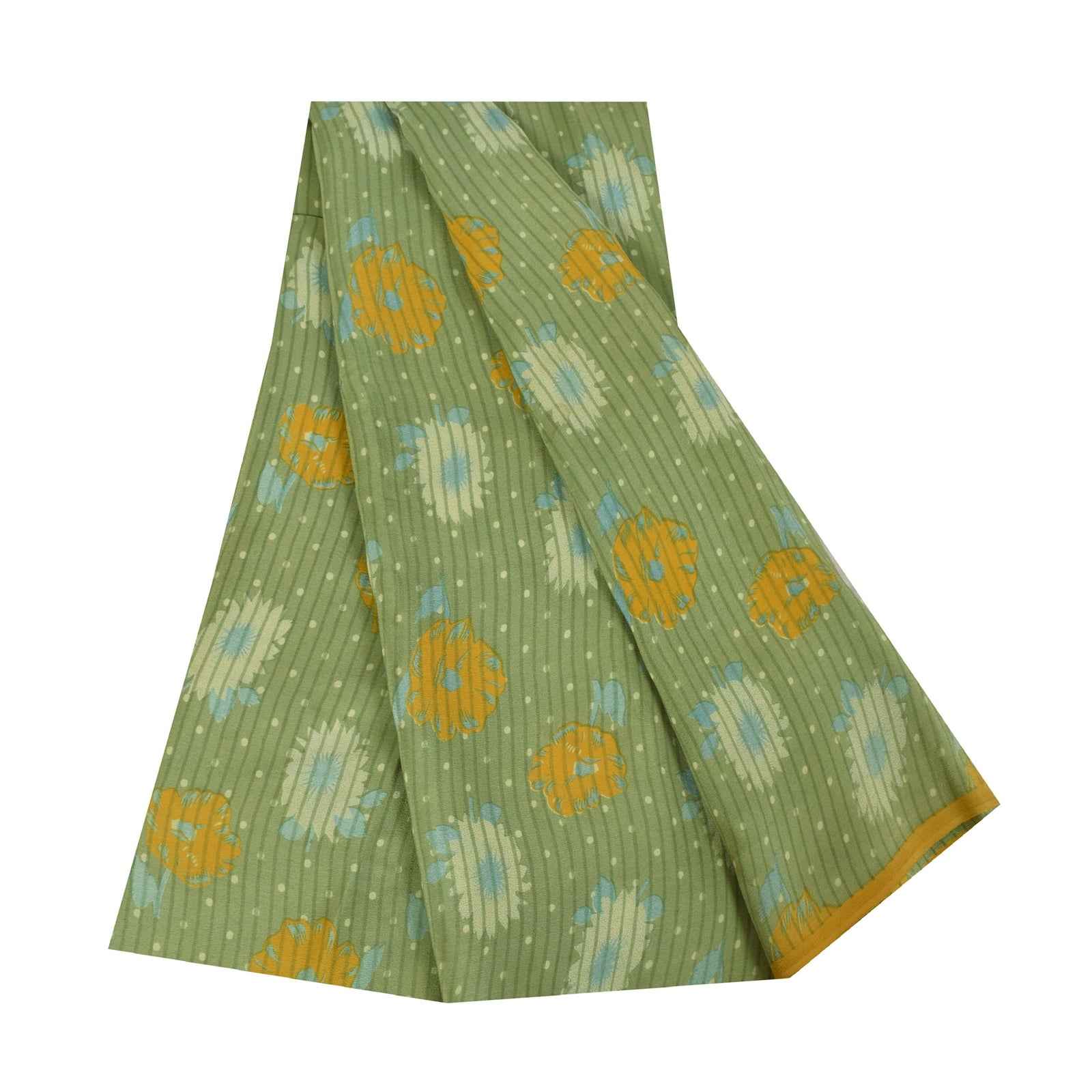 Sanskriti Vintage Sarees Green Pure Crepe Silk Printed Sari 5+yd Craft Fabric