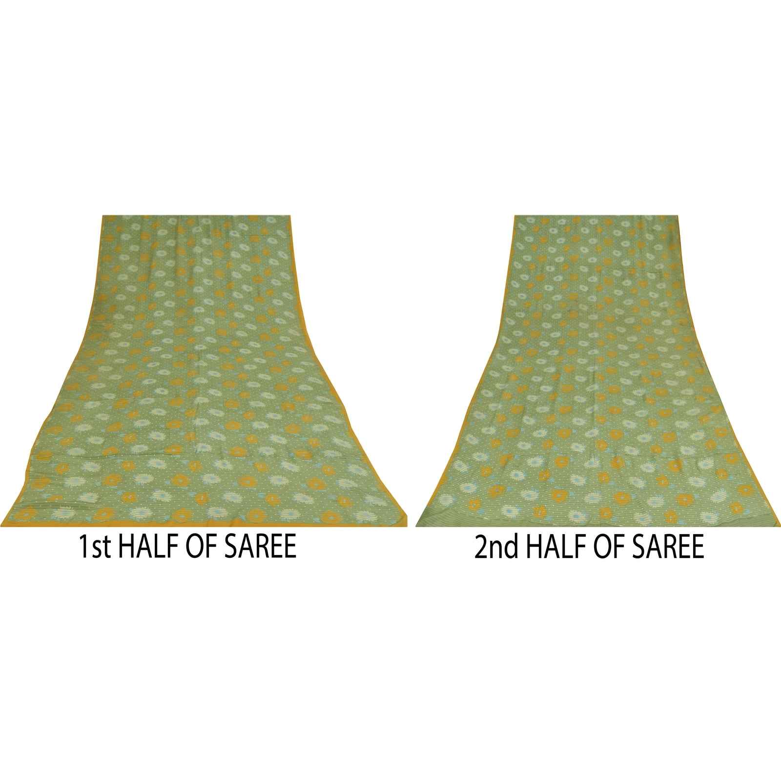 Sanskriti Vintage Sarees Green Pure Crepe Silk Printed Sari 5+yd Craft Fabric