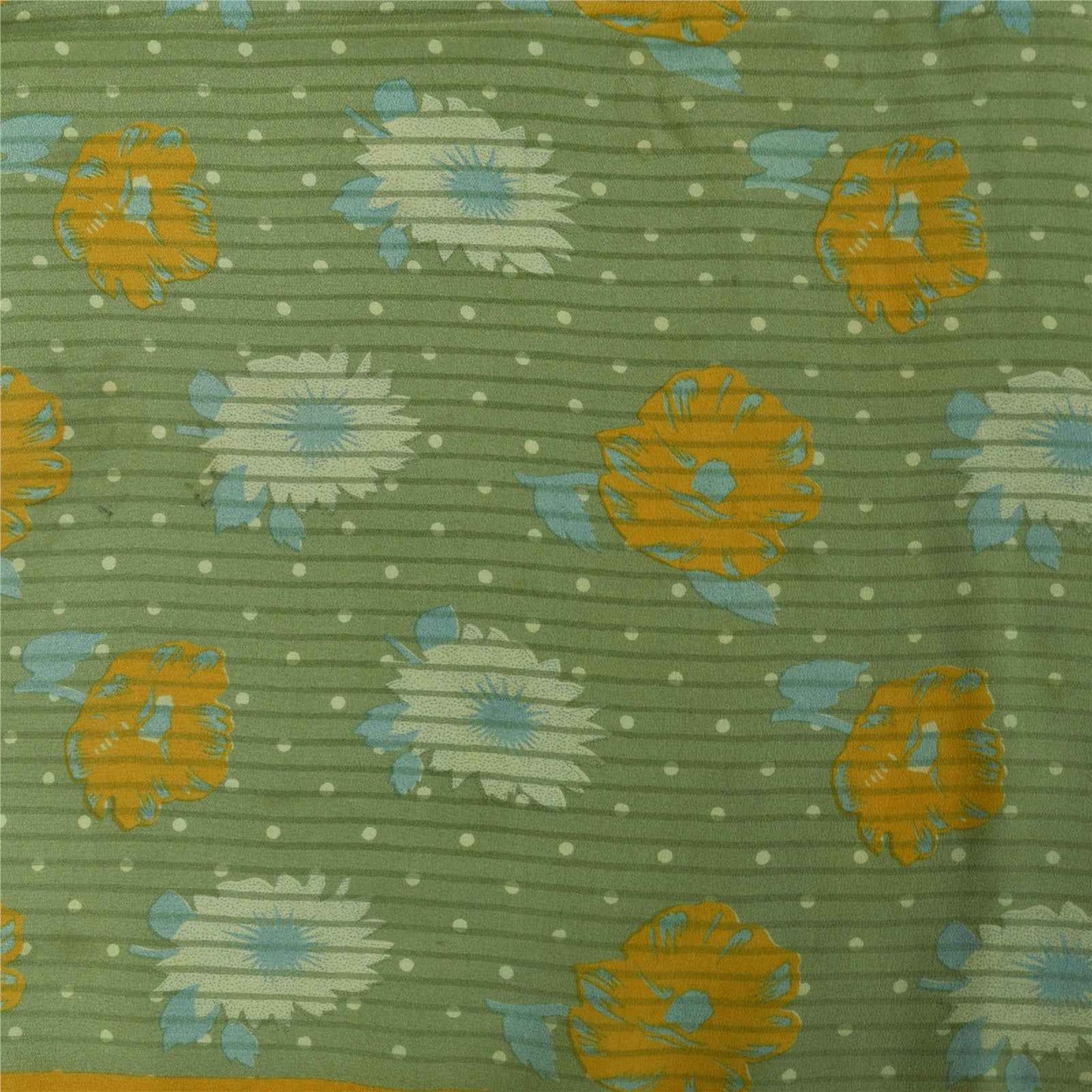 Sanskriti Vintage Sarees Green Pure Crepe Silk Printed Sari 5+yd Craft Fabric