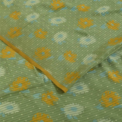 Sanskriti Vintage Sarees Green Pure Crepe Silk Printed Sari 5+yd Craft Fabric