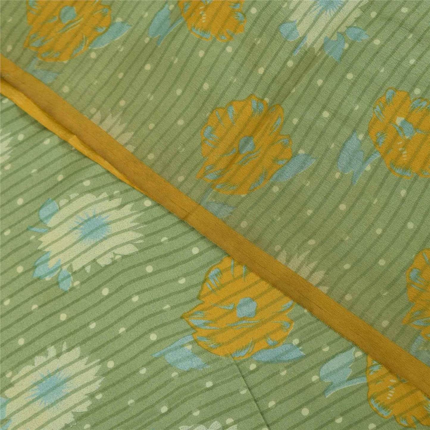 Sanskriti Vintage Sarees Green Pure Crepe Silk Printed Sari 5+yd Craft Fabric