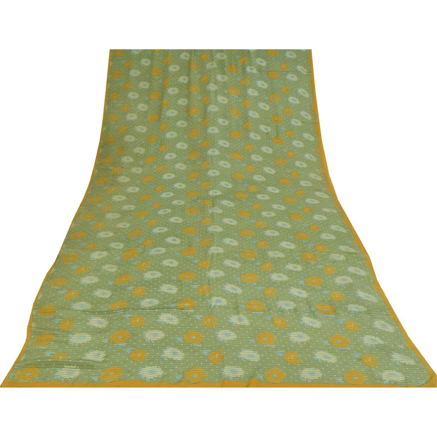 Sanskriti Vintage Sarees Green Pure Crepe Silk Printed Sari 5+yd Craft Fabric