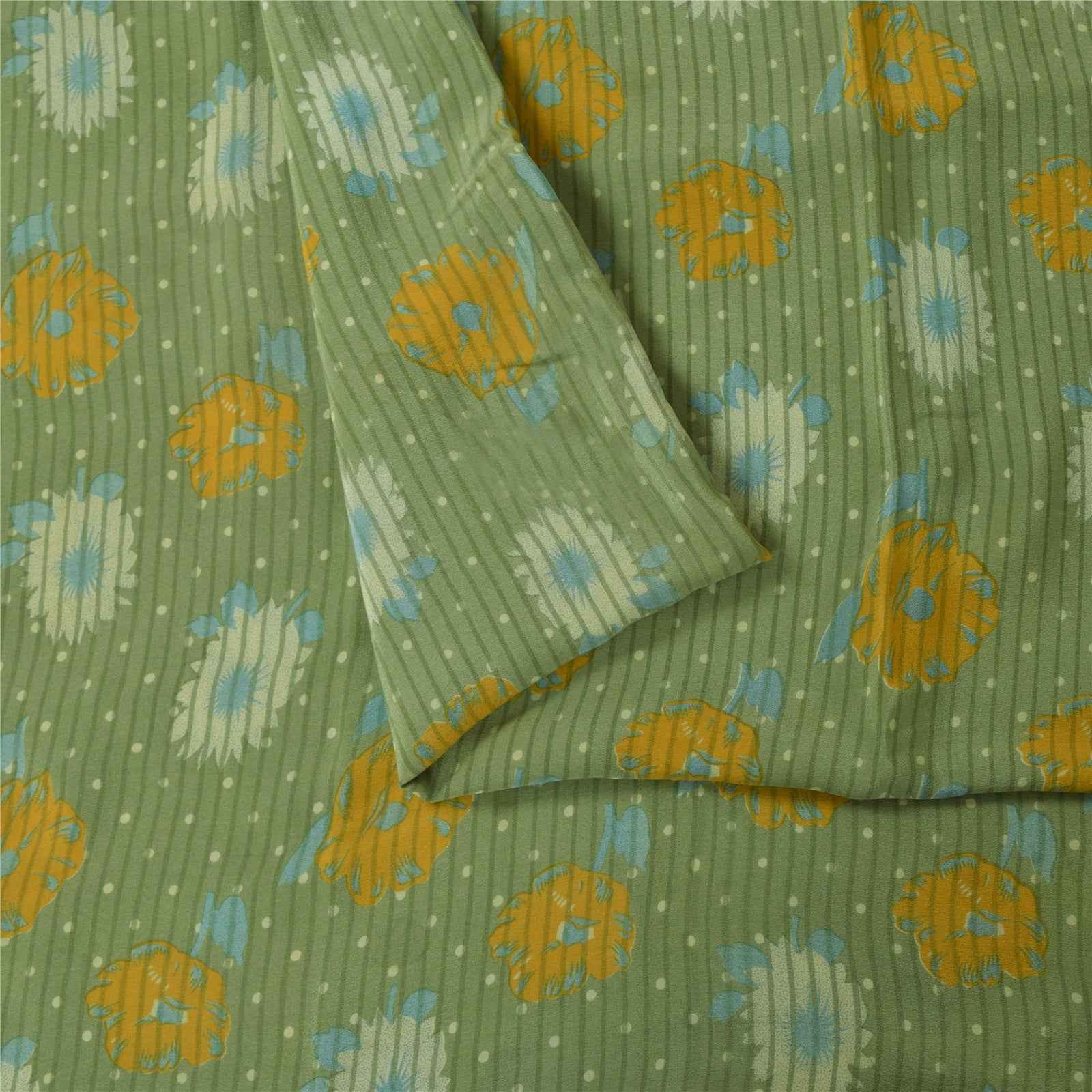 Sanskriti Vintage Sarees Green Pure Crepe Silk Printed Sari 5+yd Craft Fabric