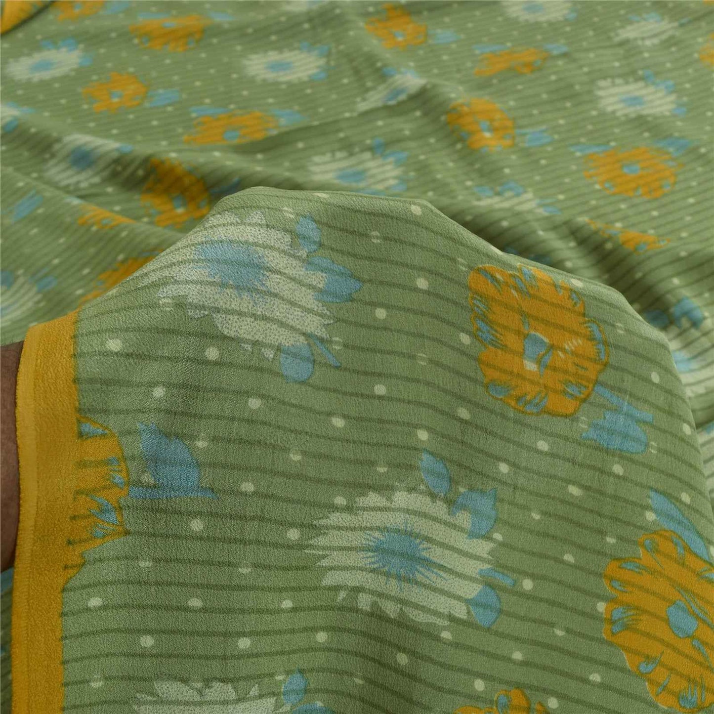 Sanskriti Vintage Sarees Green Pure Crepe Silk Printed Sari 5+yd Craft Fabric