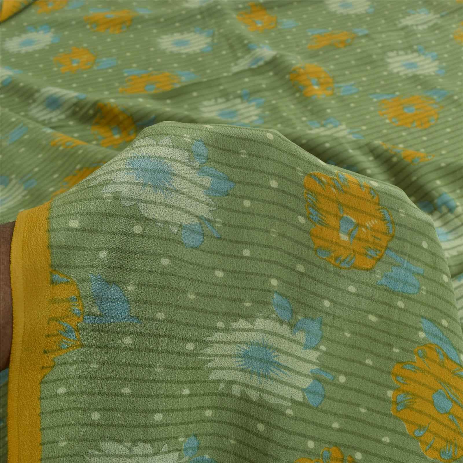 Sanskriti Vintage Sarees Green Pure Crepe Silk Printed Sari 5+yd Craft Fabric