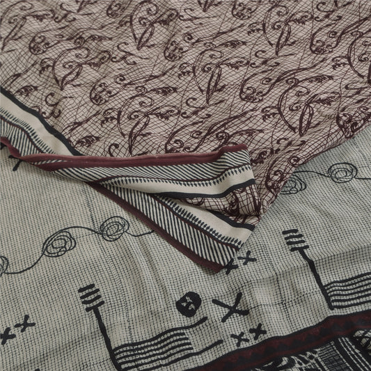 Sanskriti Vintage Sarees Ivory & Brown Pure Crepe Printed Sari 5+yd Craft Fabric