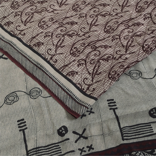 Sanskriti Vintage Sarees Ivory & Brown Pure Crepe Printed Sari 5+yd Craft Fabric