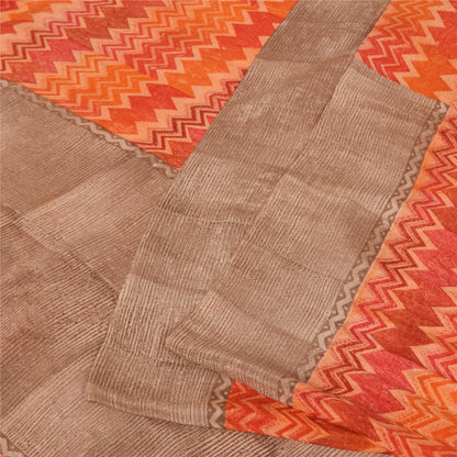 Sanskriti Vintage Sarees Orange Pure Crepe Silk Printed Sari 5+yd Craft Fabric