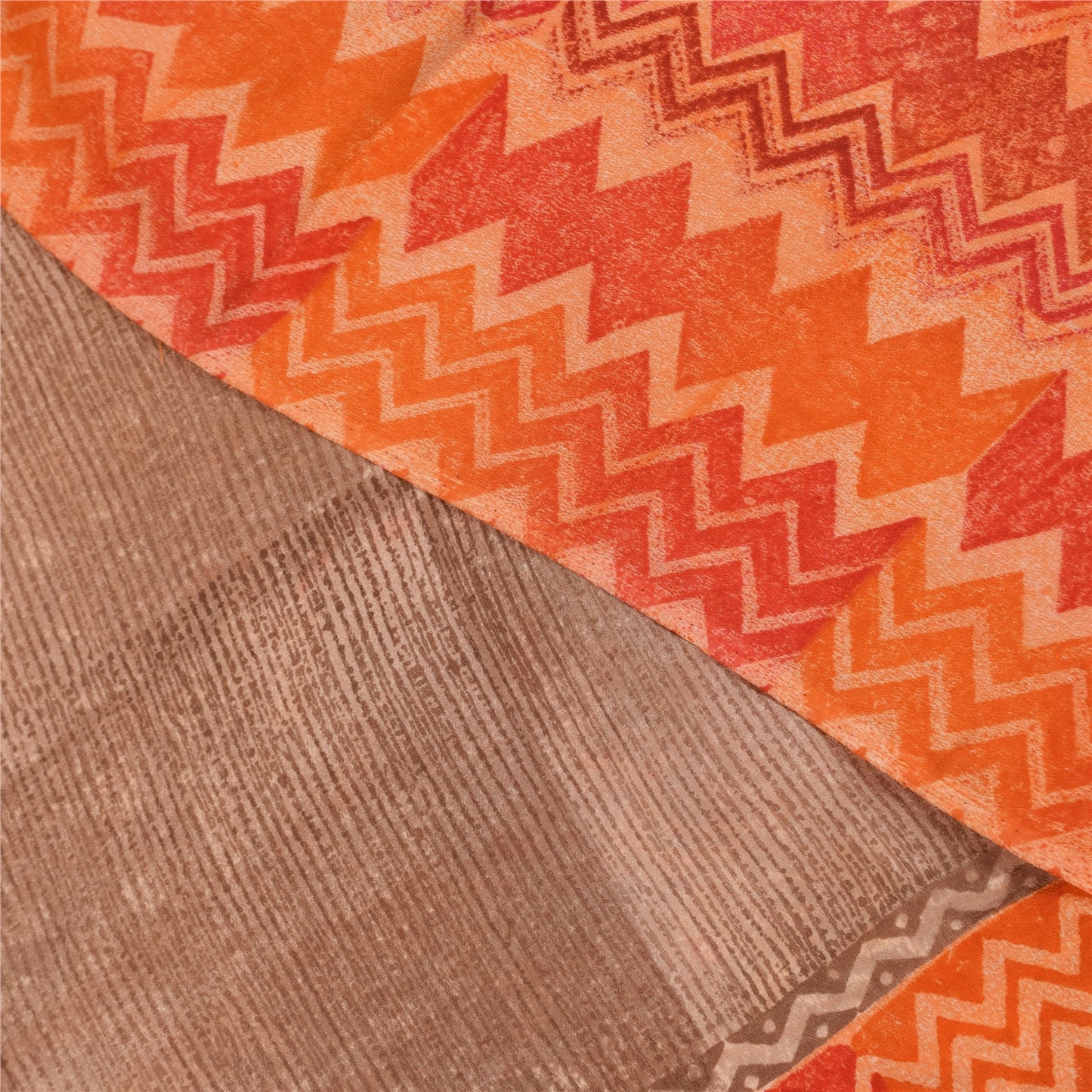 Sanskriti Vintage Sarees Orange Pure Crepe Silk Printed Sari 5+yd Craft Fabric