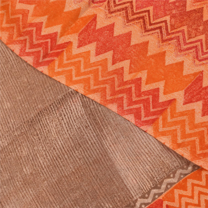 Sanskriti Vintage Sarees Orange Pure Crepe Silk Printed Sari 5+yd Craft Fabric