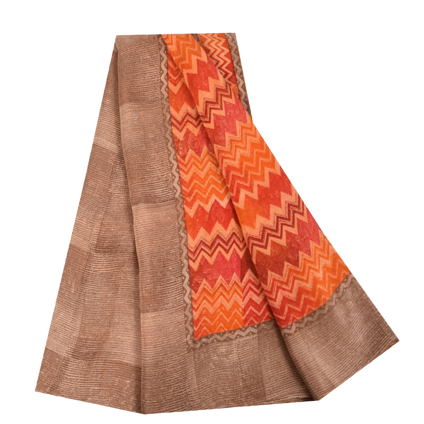 Sanskriti Vintage Sarees Orange Pure Crepe Silk Printed Sari 5+yd Craft Fabric