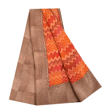 Sanskriti Vintage Sarees Orange Pure Crepe Silk Printed Sari 5+yd Craft Fabric