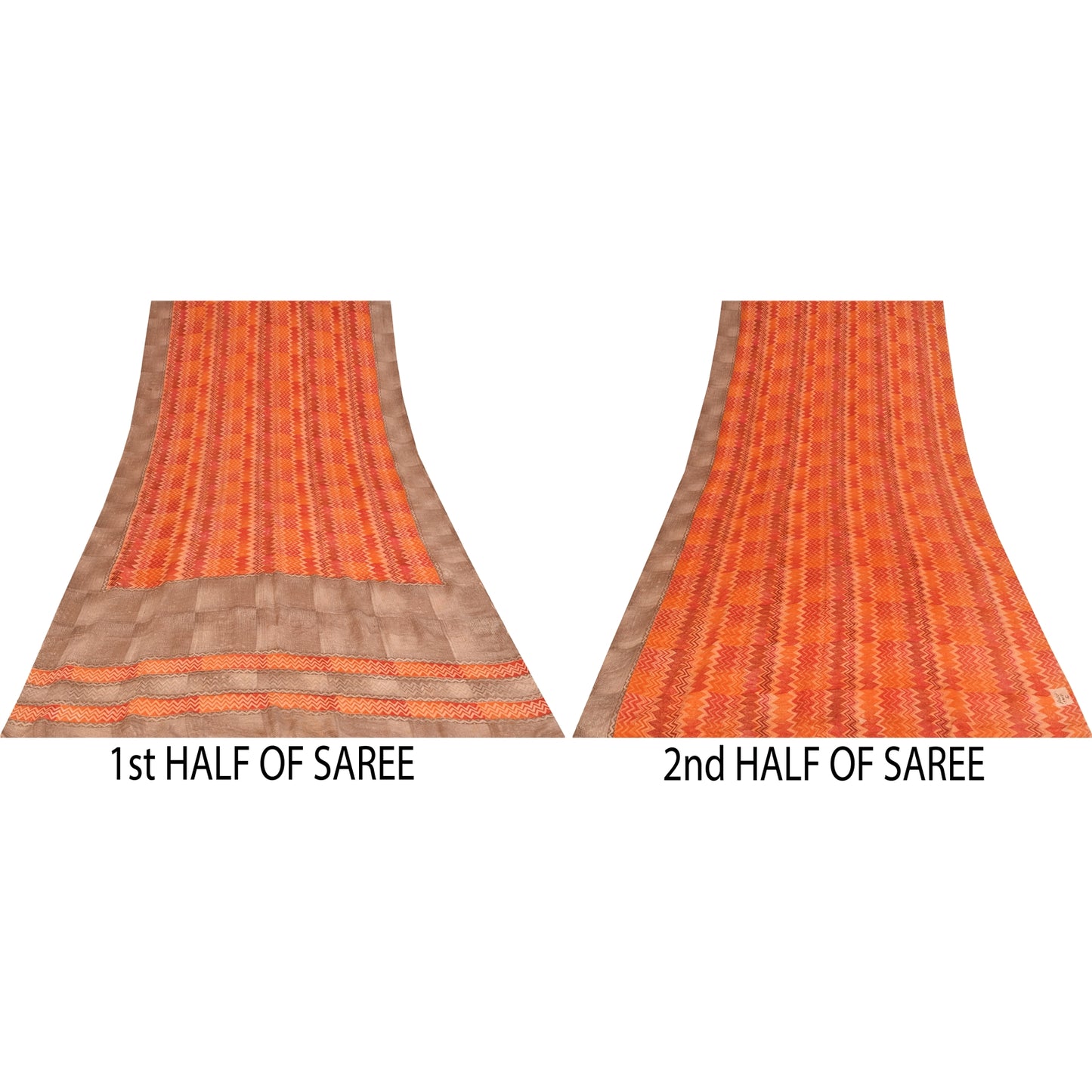 Sanskriti Vintage Sarees Orange Pure Crepe Silk Printed Sari 5+yd Craft Fabric