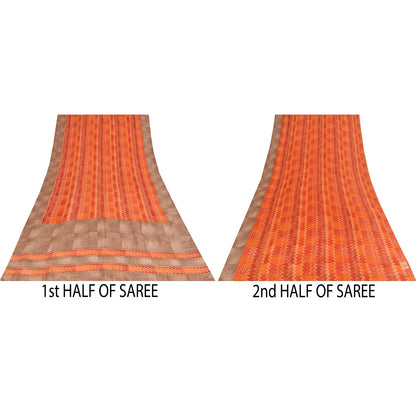 Sanskriti Vintage Sarees Orange Pure Crepe Silk Printed Sari 5+yd Craft Fabric