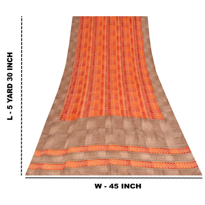 Sanskriti Vintage Sarees Orange Pure Crepe Silk Printed Sari 5+yd Craft Fabric