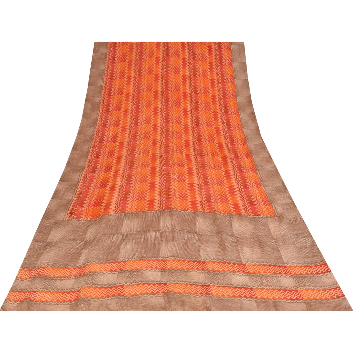 Sanskriti Vintage Sarees Orange Pure Crepe Silk Printed Sari 5+yd Craft Fabric